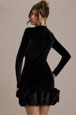 Claudine | Black Velvet Long-Sleeved Ruffled Mini Dress