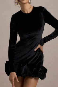 Claudine | Black Velvet Long-Sleeved Ruffled Mini Dress