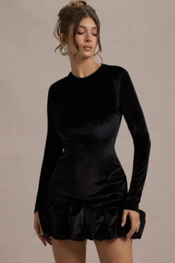 Claudine | Black Velvet Long-Sleeved Ruffled Mini Dress
