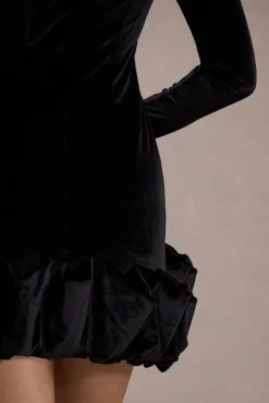 Claudine | Black Velvet Long-Sleeved Ruffled Mini Dress