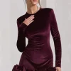 Claudine | Port Velvet Long-Sleeved Ruffled Mini Dress