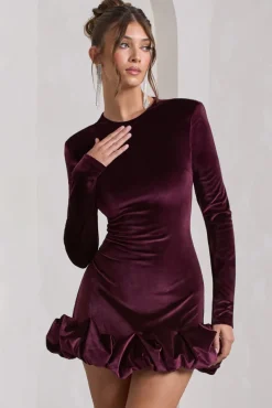 Claudine | Port Velvet Long-Sleeved Ruffled Mini Dress