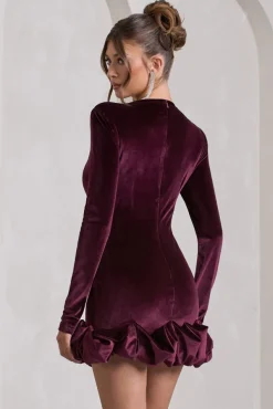 Claudine | Port Velvet Long-Sleeved Ruffled Mini Dress