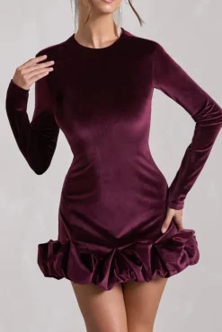 Claudine | Port Velvet Long-Sleeved Ruffled Mini Dress