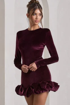 Claudine | Port Velvet Long-Sleeved Ruffled Mini Dress