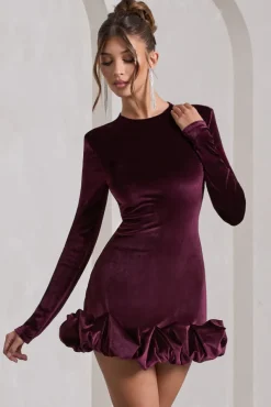 Claudine | Port Velvet Long-Sleeved Ruffled Mini Dress