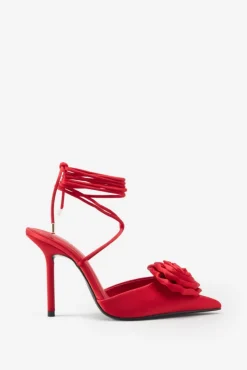 Clearly | Red Satin Lace-Up Stiletto Heels With Flowers