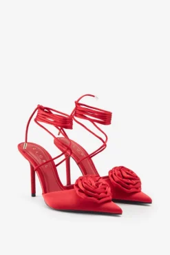 Clearly | Red Satin Lace-Up Stiletto Heels With Flowers