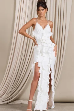 Clematis | White Lace Strappy Ruffled Maxi Dress
