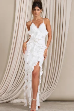 Clematis | White Lace Strappy Ruffled Maxi Dress