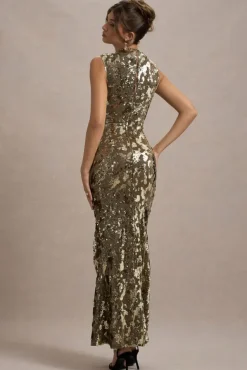 Cleopatra | Gold Sequin Split Maxi Dress