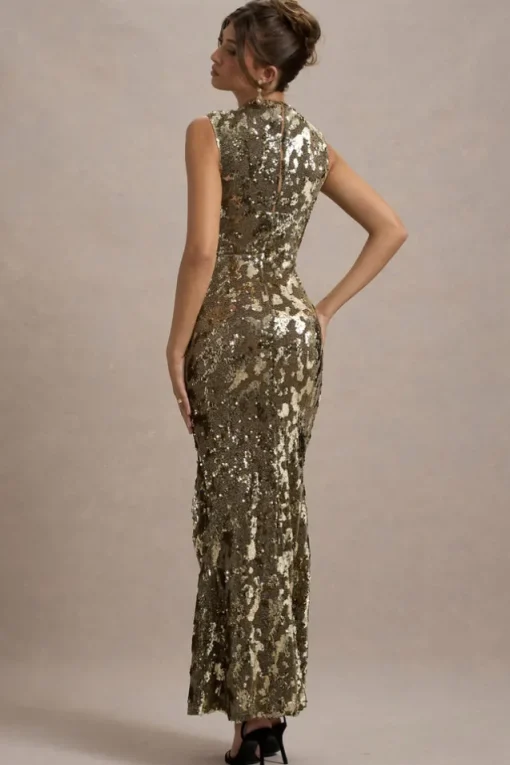 Cleopatra | Gold Sequin Split Maxi Dress