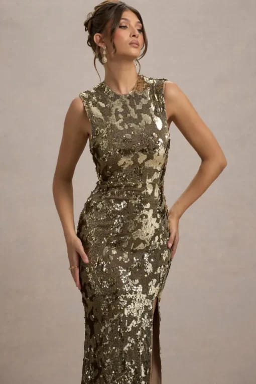 Cleopatra | Gold Sequin Split Maxi Dress