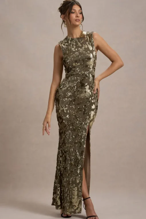 Cleopatra | Gold Sequin Split Maxi Dress