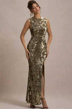 Cleopatra | Gold Sequin Split Maxi Dress