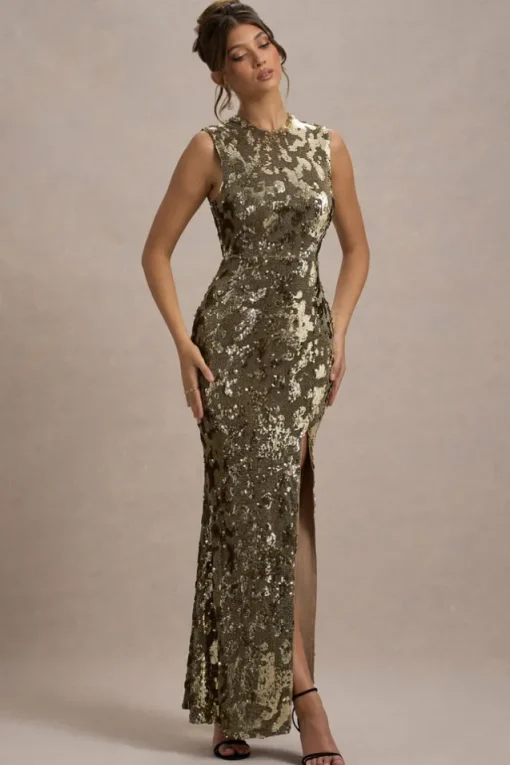 Cleopatra | Gold Sequin Split Maxi Dress