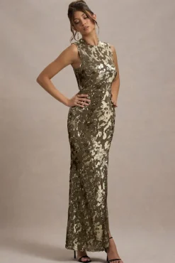 Cleopatra | Gold Sequin Split Maxi Dress