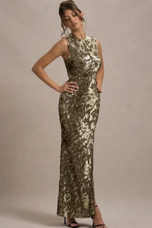 Cleopatra | Gold Sequin Split Maxi Dress