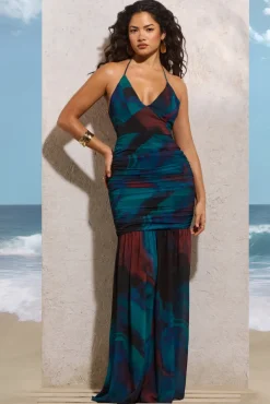 Clio | Blue Print Halter-Neck Chiffon Fishtail Maxi Dress