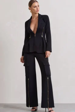 Close Up | Black Wide-Leg Cargo Trousers With Ankle Zips
