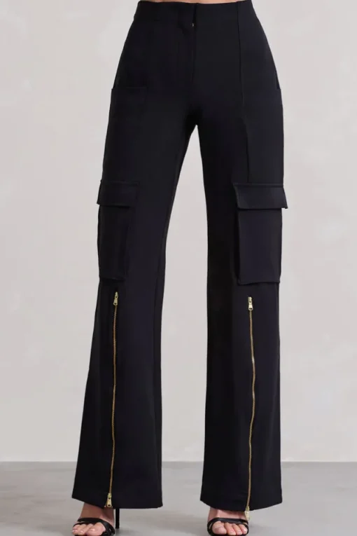 Close Up | Black Wide-Leg Cargo Trousers With Ankle Zips