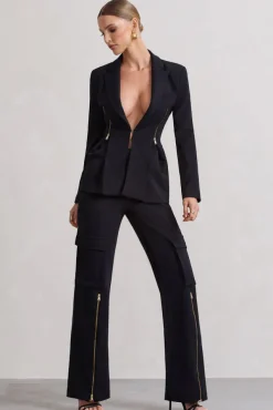 Close Up | Black Wide-Leg Cargo Trousers With Ankle Zips