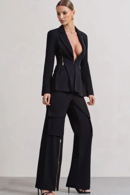 Close Up | Black Wide-Leg Cargo Trousers With Ankle Zips