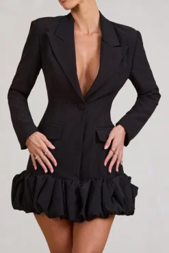 Cloud Catching | Black Tailored Blazer Mini Dress With Ruffled Hem
