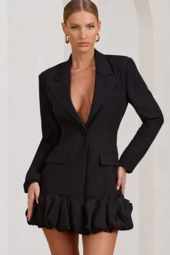 Cloud Catching | Black Tailored Blazer Mini Dress With Ruffled Hem