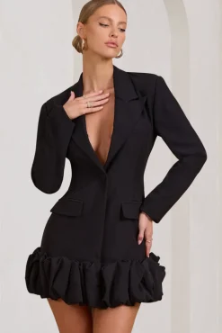 Cloud Catching | Black Tailored Blazer Mini Dress With Ruffled Hem
