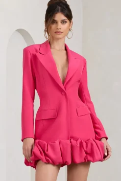Cloud Catching | Hot Pink Tailored Blazer Mini Dress With Ruffled Hem