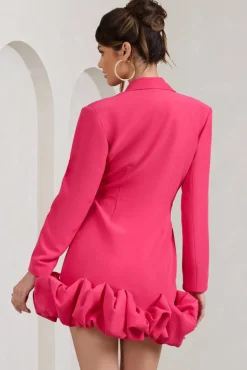 Cloud Catching | Hot Pink Tailored Blazer Mini Dress With Ruffled Hem