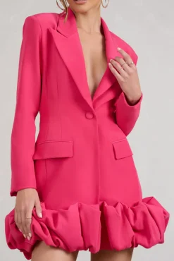 Cloud Catching | Hot Pink Tailored Blazer Mini Dress With Ruffled Hem