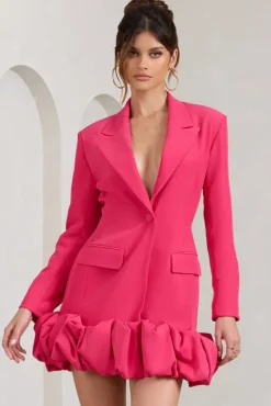 Cloud Catching | Hot Pink Tailored Blazer Mini Dress With Ruffled Hem
