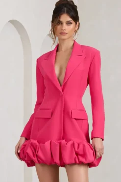 Cloud Catching | Hot Pink Tailored Blazer Mini Dress With Ruffled Hem