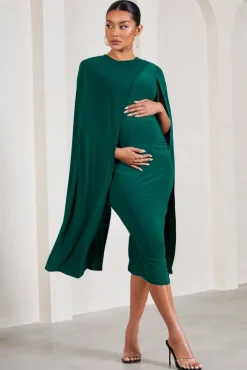 Cloud Nine | Bottle Green Maternity Midi Dress With Cape Sleeves