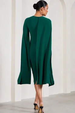 Cloud Nine | Bottle Green Maternity Midi Dress With Cape Sleeves