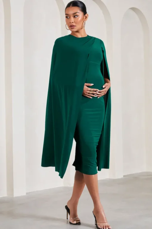 Cloud Nine | Bottle Green Maternity Midi Dress With Cape Sleeves