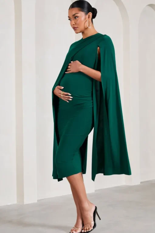 Cloud Nine | Bottle Green Maternity Midi Dress With Cape Sleeves