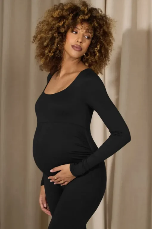 Clover | Black Square-Neck Slim-Leg Maternity Jumpsuit