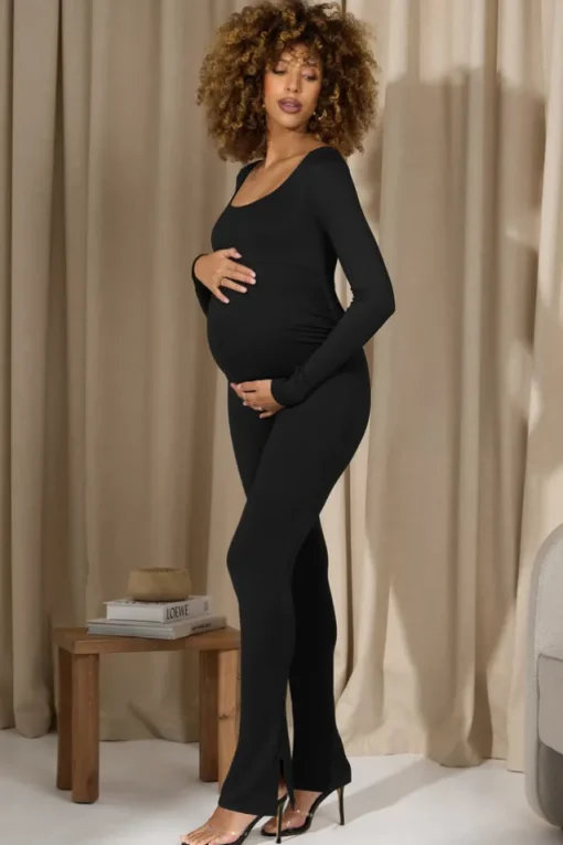 Clover | Black Square-Neck Slim-Leg Maternity Jumpsuit