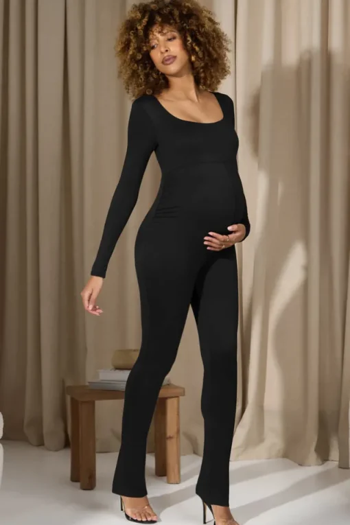 Clover | Black Square-Neck Slim-Leg Maternity Jumpsuit