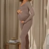 Clover | Mocha Square-Neck Slim-Leg Maternity Jumpsuit
