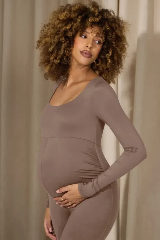 Clover | Mocha Square-Neck Slim-Leg Maternity Jumpsuit