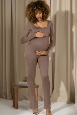 Clover | Mocha Square-Neck Slim-Leg Maternity Jumpsuit