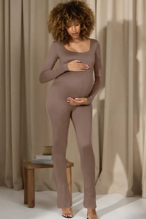Clover | Mocha Square-Neck Slim-Leg Maternity Jumpsuit