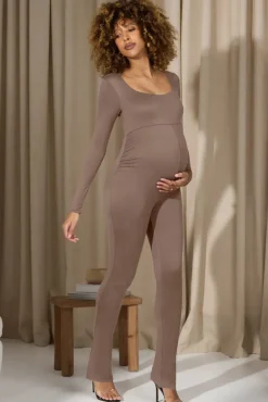 Clover | Mocha Square-Neck Slim-Leg Maternity Jumpsuit