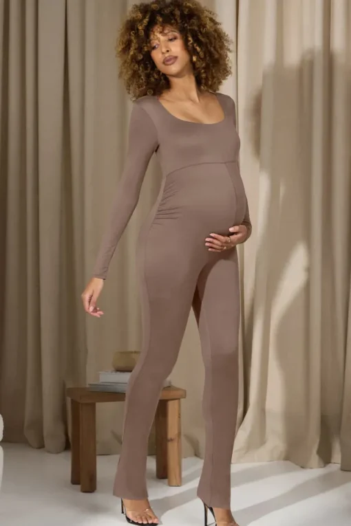 Clover | Mocha Square-Neck Slim-Leg Maternity Jumpsuit
