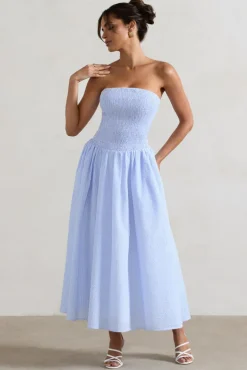 Coastal | Blue Pinstripe Bandeau Ruched Skater Midi Dress