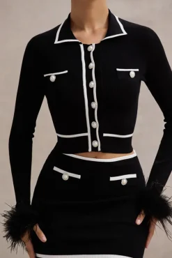 Coco Crush | Black Knit Cropped Cardigan With Feather Cuffs